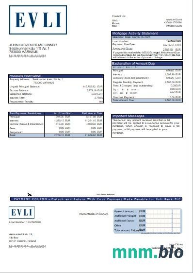 Finlandia Bank Evli PLC wyciąg z kredytu hipotecznego szablon Word i PDF